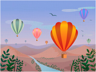 Cappadocia rocks landscape with air balloons . Adventure travel in Turkey concept vector illustration.