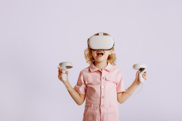A child sits in virtual reality glasses.