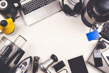 Old computers, digital tablets, mobile phones, many used electronic gadgets devices, broken...