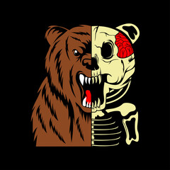 bear with half bear skull t-shirt design illustration