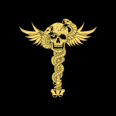 skull head with snake wrapped around and wings t-shirt design illustration
