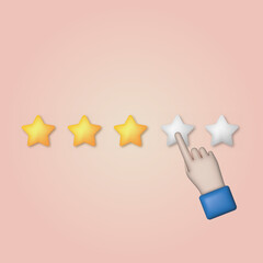3d cartoon hand pointing to five star rating. Vector