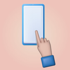 3d cartoon hand use smartphone screen. Vector