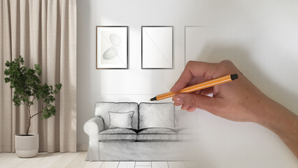 Architect interior designer concept: hand drawing a design interior project while the space becomes real, scandinavian living room with fabric sofa, pictures and decors