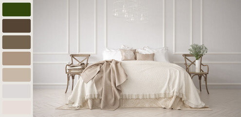 Interior design scene with palette color. Different colors and patterns. Architect and designer concept idea. Classic bedroom with master bed and molded wall
