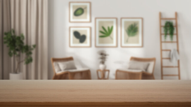 Empty wooden table, desk or shelf with blurred view of scandinavian living room, rattan armchairs, curtains, potted plants and decors, modern interior design concept