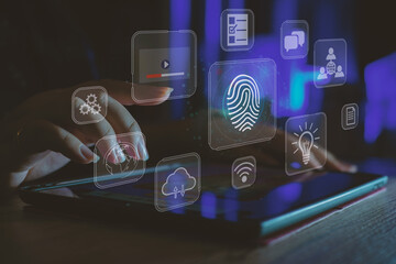 Fingerprint scan provides security access with biometrics identification. Business Technology...