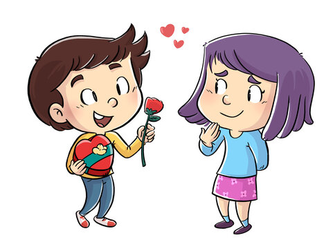 Illustration of a boy in love giving a flower to a little girl