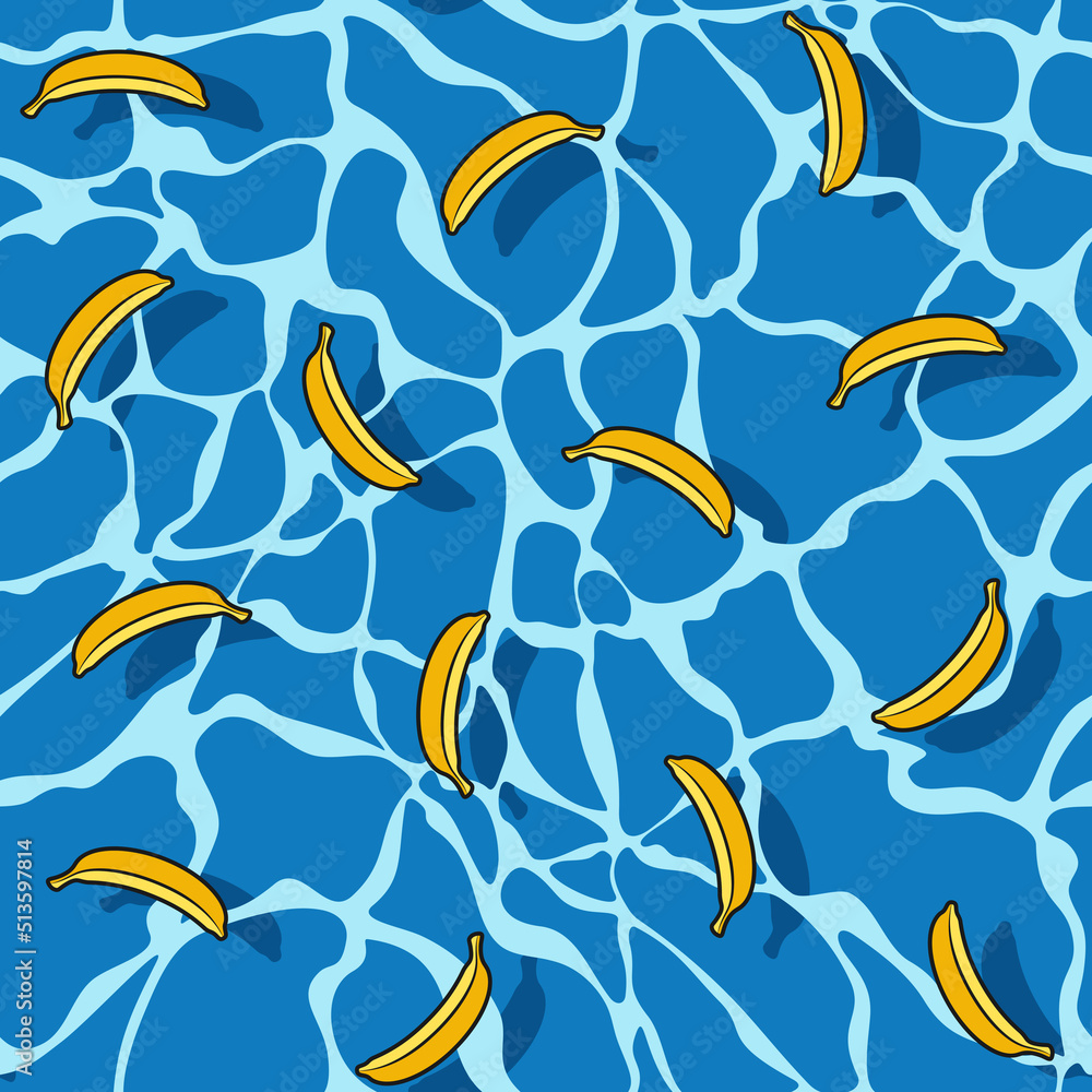 Poster seamless pattern with bananas in water. vector colored summer background.