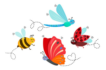 cute butterfly, bee, dragonfly and ladybug are flying and smiling. baby vector illustration