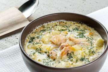 Seafood Chowder Fish Soup with Salmon, Cream and Potatoes Country cuisine, farm-style