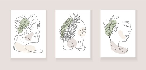 Boho women face vector. Surreal portrait, girl face with palm leaf in continuous line style.