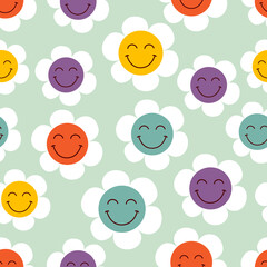 seamless pattern with funny smiling flowers 