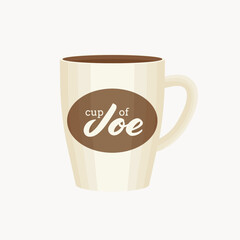 Cup of joe vector illustration in cartoon style. White and brown Cup of coffee on cream white background. Isolated design.