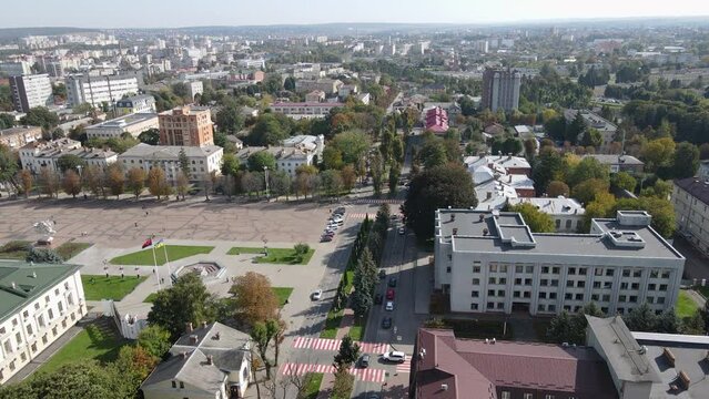 The Ukrainian city was filmed by drone. Drone flight over the streets of the city. Beautiful and clean streets.