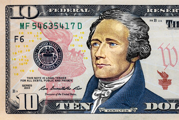 Closeup of front side of colorized 10 dollar banknote