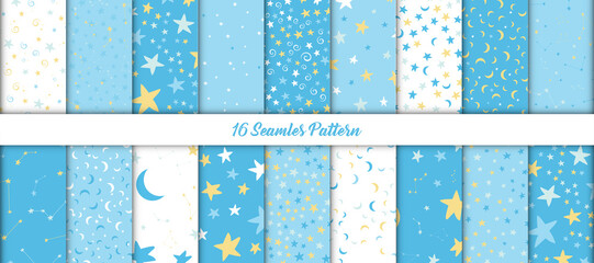 Collection of star patterns blue space sky design for printing