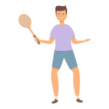 Boy play tennis icon cartoon vector. Sport school. Kid happy