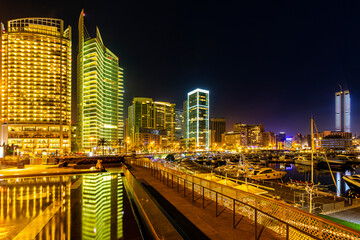 Naklejka premium Lebanon. Beirut, capital of Lebanon. Zaitunay Bay (around the West Marina) by night
