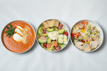 set of various plates of food isolated on white background