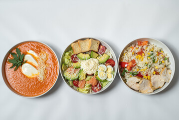 set of various plates of food isolated on white background