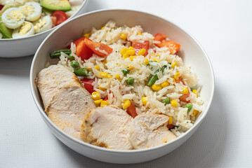 European dishes. Grey background. Copy space. Close up.