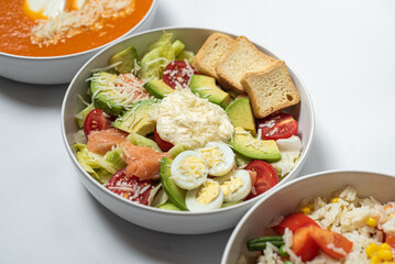 set of various plates of food isolated on white background