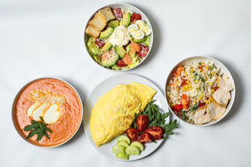 delicious European cuisine on the big table waiting for guests. table with food, top view