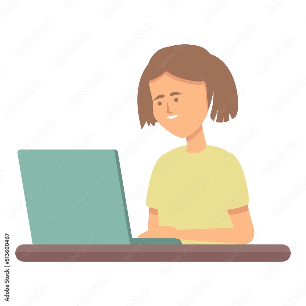 Poster child at the computer icon cartoon vector. kid learn. school internet