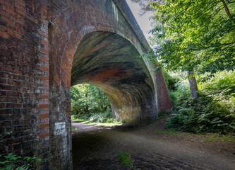 Bridge over a disused railway showing curved arches and brickwork lit by afternoon light with some shadows from trees