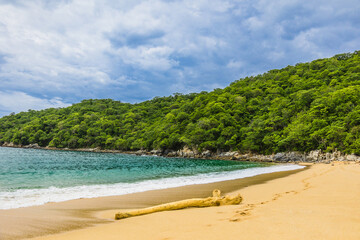Fototapeta na wymiar Huatulco bays - Maguey beach. Beautiful beach with pristine waters, with turtles and fishes. Mexican beach with wooden huts by the sea