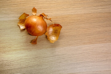 Onion with peels on wooden background