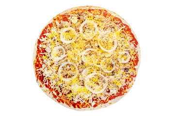 Raw uncooked pizza isolated on transparent background view from above