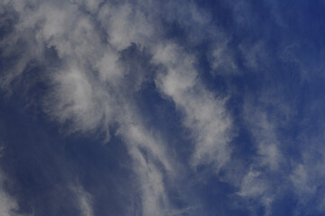 Fototapeta premium Dark blue sky with torn feathery clouds, background