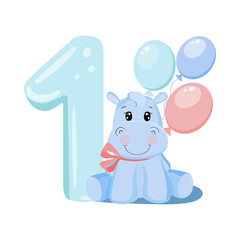Cute baby boy hippo. Birthday invitation. 1 year, 1 month. Happy birthday.	