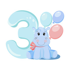 Cute baby boy hippo. Birthday invitation. Three years, three months. Happy birthday.
