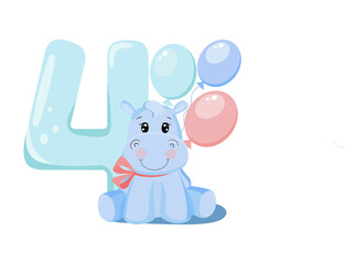 Cute baby boy hippo. Birthday invitation. Four years, four months. Happy birthday.