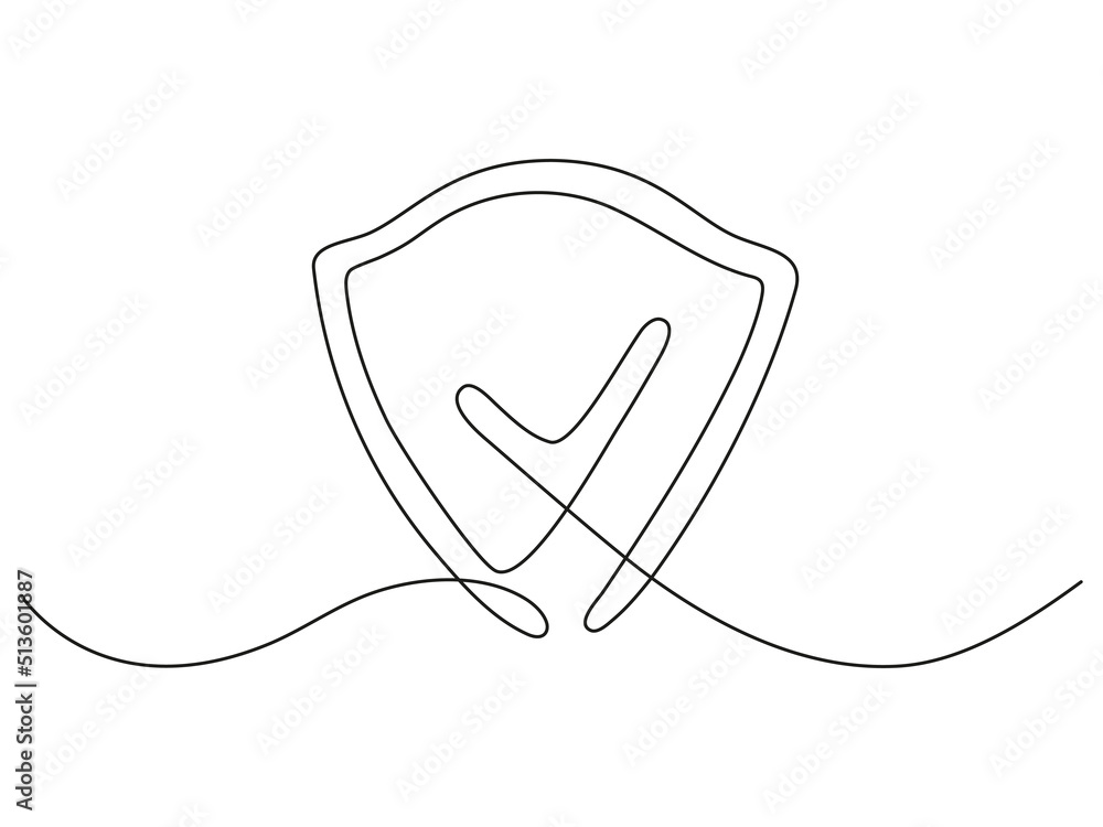 Poster shield with checkmark continuous line art. protect linear symbol. guard drawing sign. vector isolate