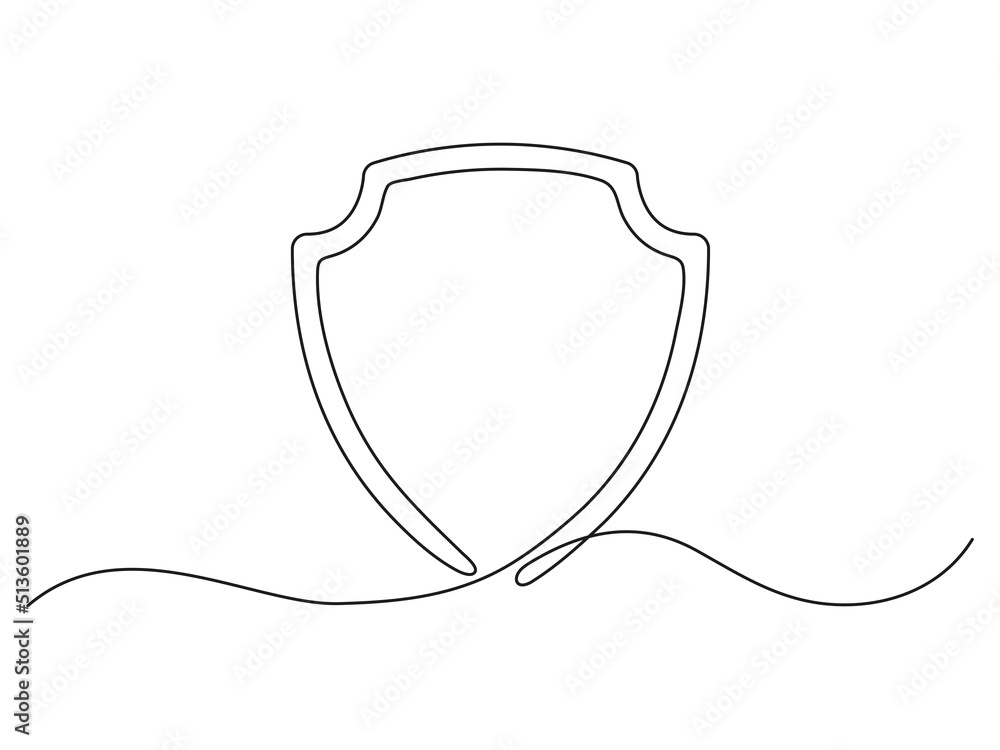 Poster shield continuous line art. protect linear symbol. guard drawing sign. vector isolated on white.