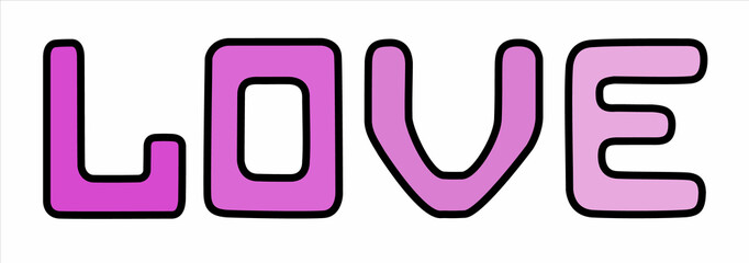Vector isolated word love with black outline and purple fill of four shades.