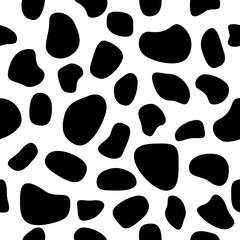 Fototapeta na wymiar Animal skin black shapes seamless pattern. Cow skin wallpaper. Hand drawn spots backdrop. Abstract circular elements texture. Vector illustration isolated on white.