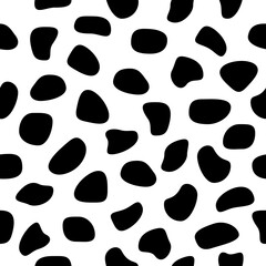 Animal skin black shapes seamless pattern. Cow skin wallpaper. Hand drawn spots backdrop. Abstract circular elements texture. Vector illustration isolated on white.