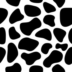 Animal skin black shapes seamless pattern. Cow skin wallpaper. Hand drawn spots backdrop. Abstract circular elements texture. Vector illustration isolated on white.