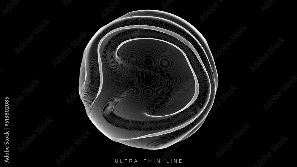Poster ultra thin line fluid geometry. dynamic vector distorted spheres.