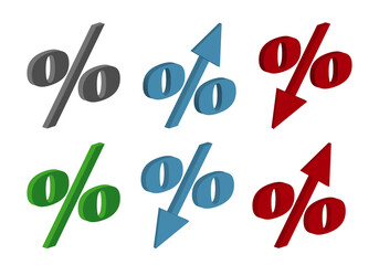Tipos de interés o porcentajes en gris, azul, rojo y verde con flecha arriba y flecha abajo