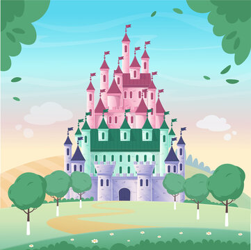 Children's fairytale castle in the forest with the road. Flat cartoon vector illustration.