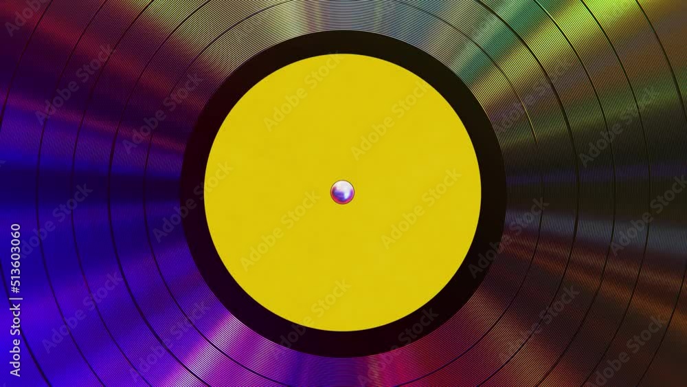 Poster realistic seamless looping 3d animation of yellow label colorful iridescent metallic vinyl record re