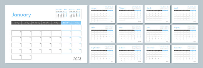 2023 calendar template. Corporate and business planner diary. The week starts on Monday. Set of 12 months pages.