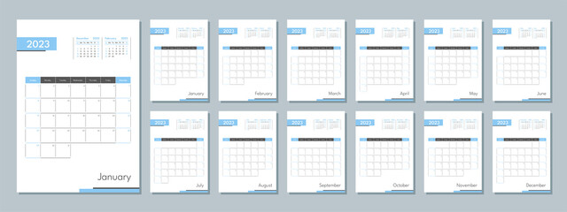 2023 calendar template. Corporate and business planner diary. The week starts on Sunday. Set of 12 months pages. - obrazy, fototapety, plakaty