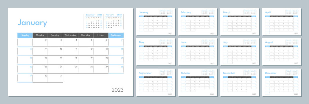 2023 calendar template. Corporate and business planner diary. The week starts on Sunday. Set of 12 months pages.
